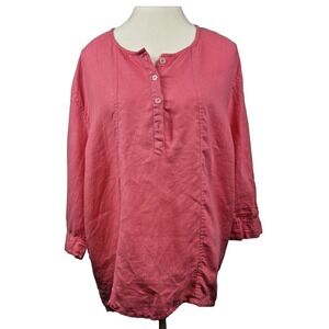 Lulu B Pink Linen Tunic Top  XL‎ Popover 3/4 Sleeves Lagenlook Beachy